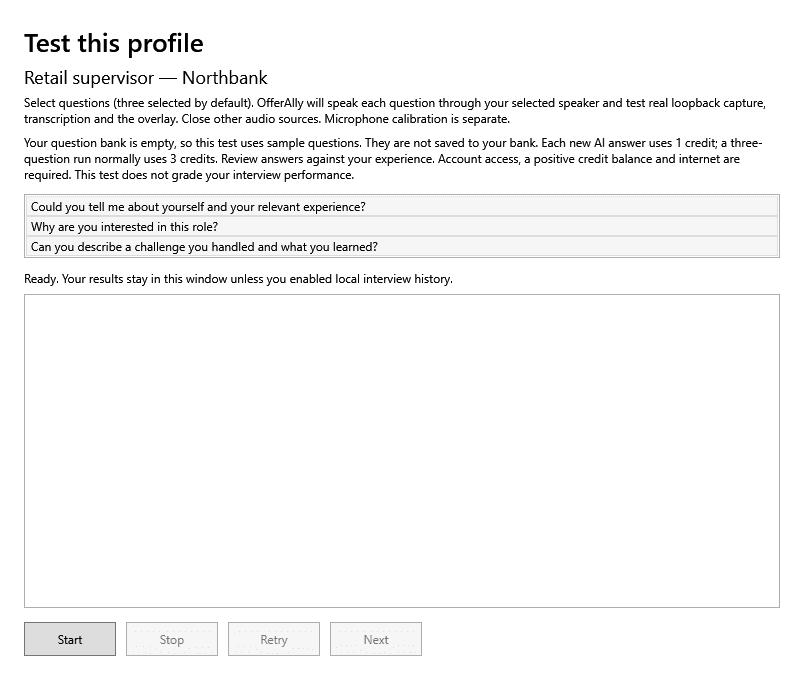 OfferAlly Test this profile window in Ready state with three sample questions for an empty bank, an empty results area and Start, Stop, Retry and Next controls.