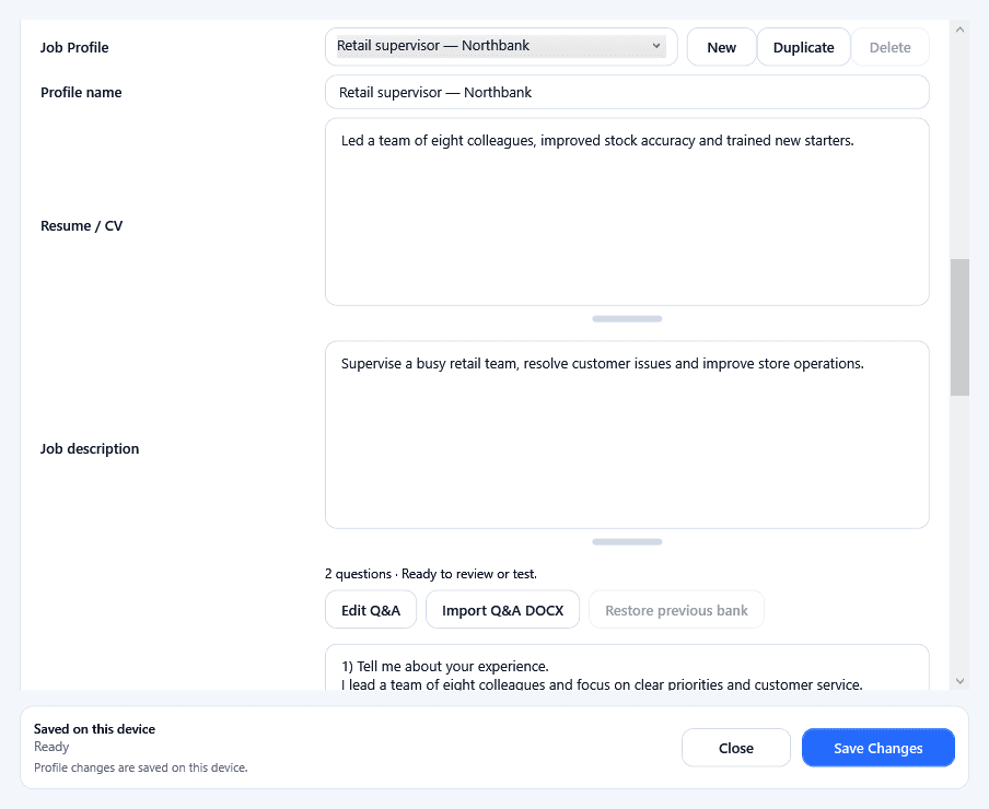 OfferAlly Settings showing Job Profile, New, Profile name, Resume / CV, Job description and Save Changes with a fictional retail supervisor example.