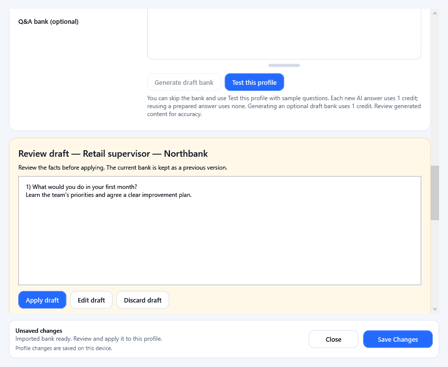 OfferAlly Review draft panel with Apply draft, Edit draft and Discard draft controls and example bank text.